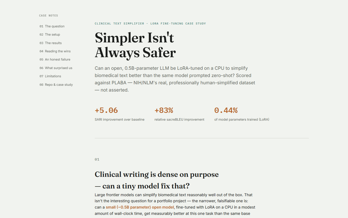 Clinical Text Simplifier case study landing page, 'Simpler Isn't Always Safer', with SARI, BLEU, and LoRA parameter stats