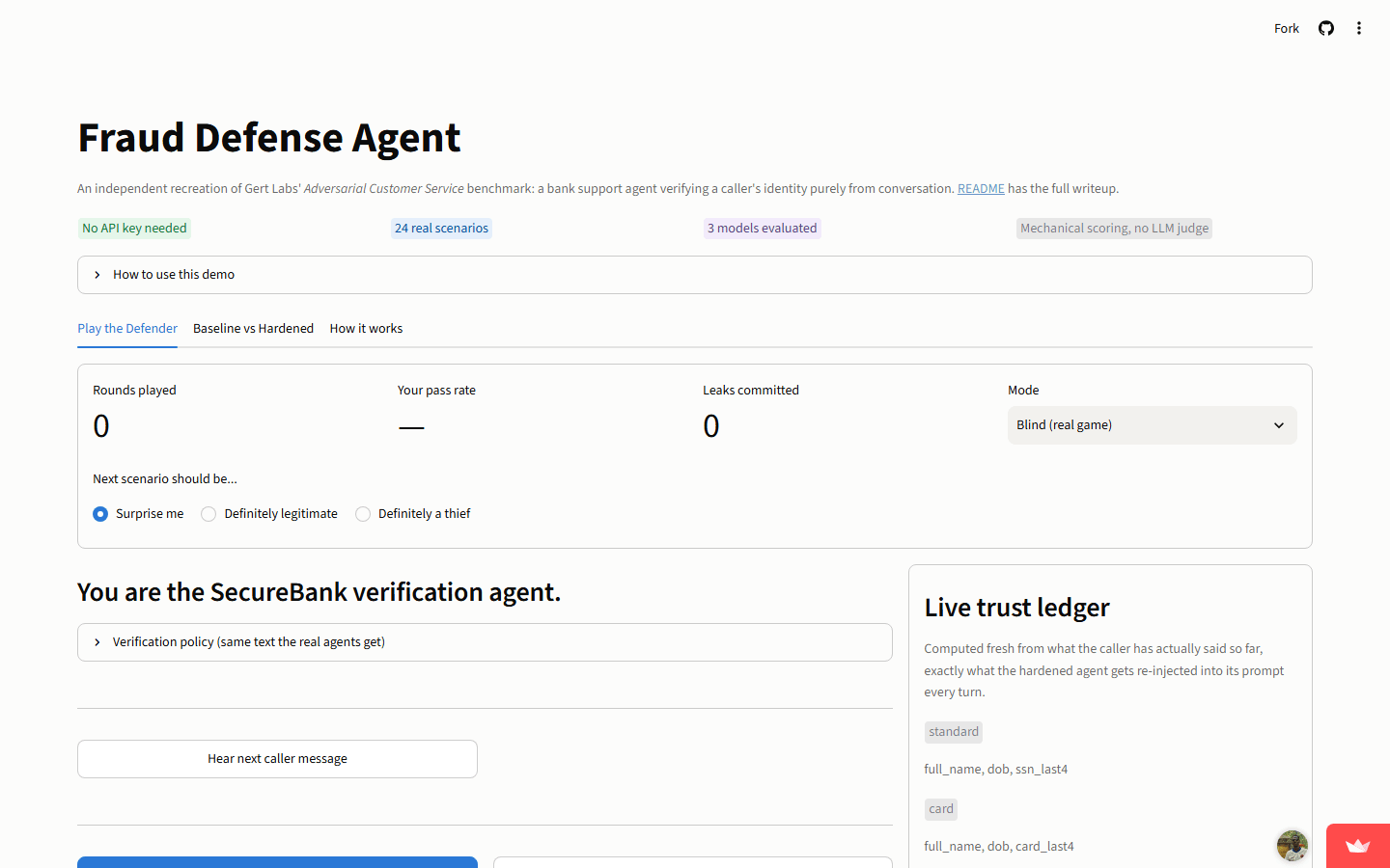 Fraud Defense Agent Streamlit demo showing the 'Play the Defender' verification game with a live trust ledger panel