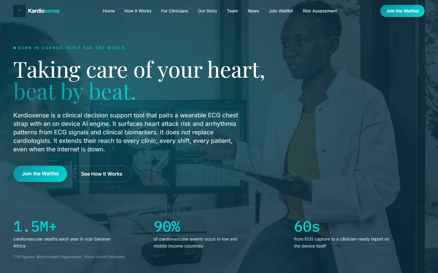 KardioSense landing page hero, 'Taking care of your heart, beat by beat', with cardiovascular impact stats for sub-Saharan Africa