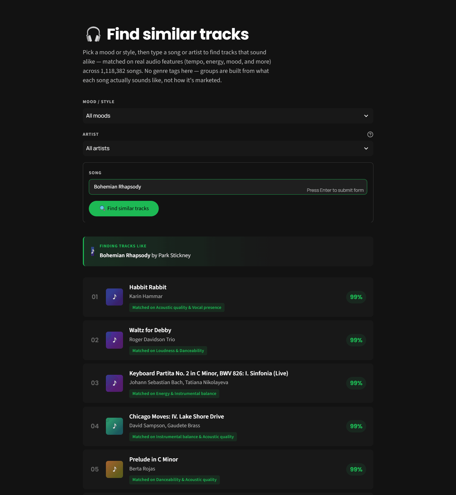 Music Taste Recommender app UI showing a 'Find similar tracks' search and ranked results with match percentages