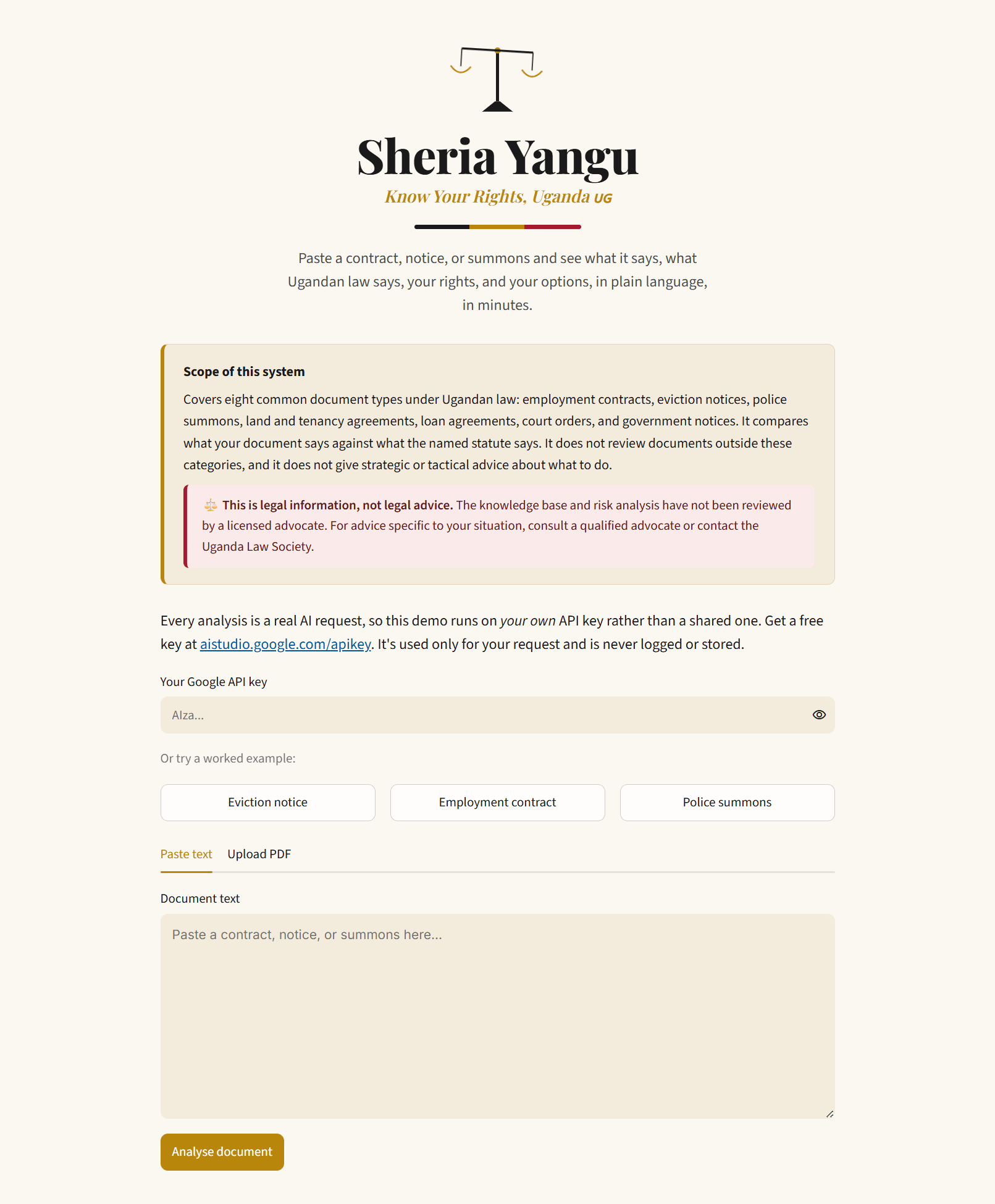 Sheria Yangu app UI showing a legal document analysis with plain-language rights and options breakdown